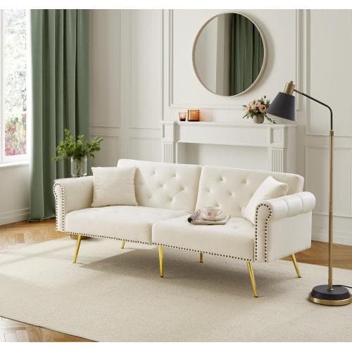 Modern 2-sits bäddsoffa med sammetsöverdrag – 3-vägs justerbart ryggstöd & gyllene metallfötter Beige
