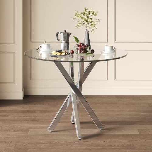 Runt matbord 80x80 cm - Härdat glas & galvaniserade ben, modernt fritidsbord, silver silver