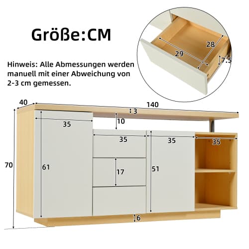 Modern skänk i vit/trägolv – 140 cm längd med LED-belysning & mångsidigt förvaringsutrymme White