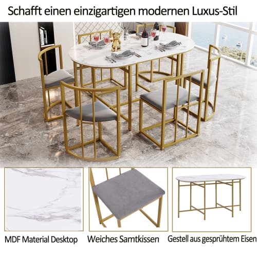 Modern 6 matbordsset i vitt/grått med gulddetaljer – elegant matrumskombination Gold