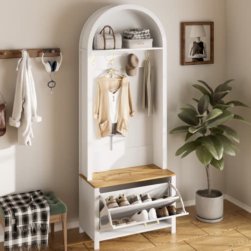 Garderobe med skohylde, hylde og kroge - robuste jernfødder, MDF-krop til entré White