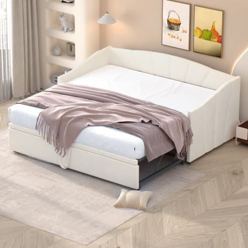 Multifunktionell bäddsoffa 90/180×200 cm | Beige sammet | Med ribbotten Beige
