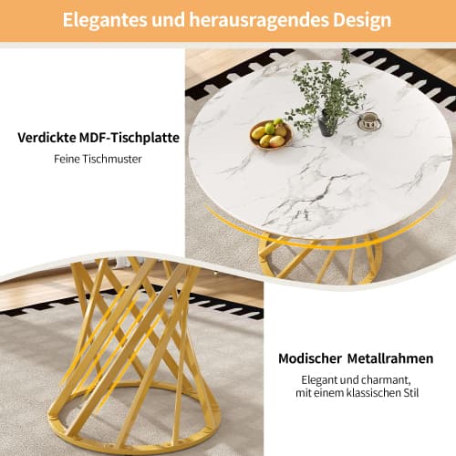 Modernt runt matbord med gulddetaljer (80×80×76 cm) – elegant multifunktionell lösning Golden+White