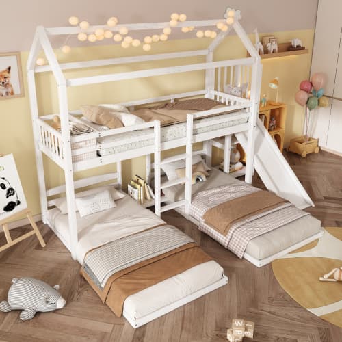 Våningssäng 90x200 cm med rutschkana & 3 sovplatser - förvaringsutrymme, unik takdesign, vit White