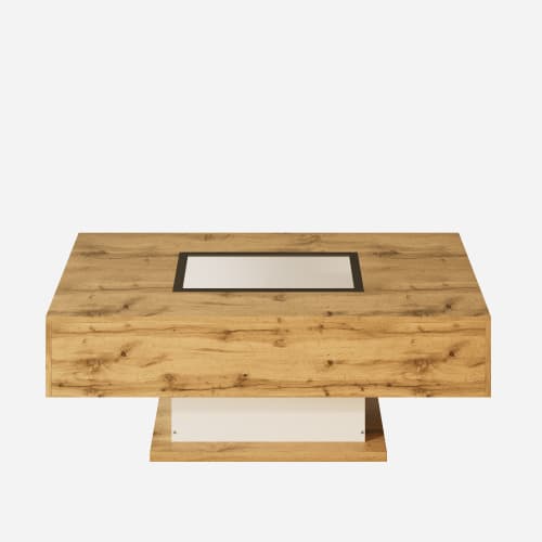 Sofa bord med farveskiftende LED-belysning og glasplade, 2 skuffer, moderne sidebord Natural