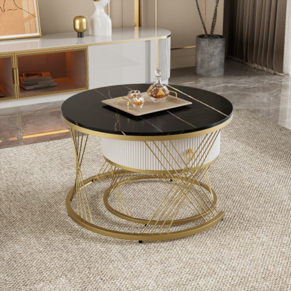 Elegant soffbord: marmoroptik, gulddekor, sidobord med lådor – set om 2 Black