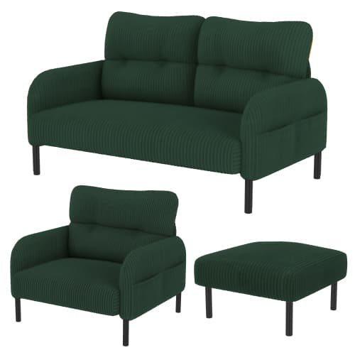 Sladd 3-set smaragdgrön - 2-sits soffa + fåtölj + pall med sidoficka - stålrör & extra mjuk klädsel - modulär med djupt säte Emerald