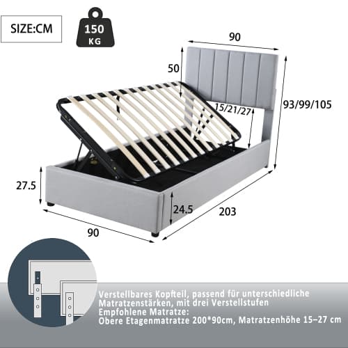 Grå designad sängram 90x200 cm - hydraulisk förvaringssäng med premium linnetyg Gray