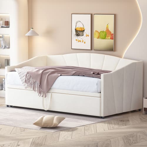 Multifunktionell bäddsoffa 90/180×200 cm | Beige sammet | Med ribbotten Beige