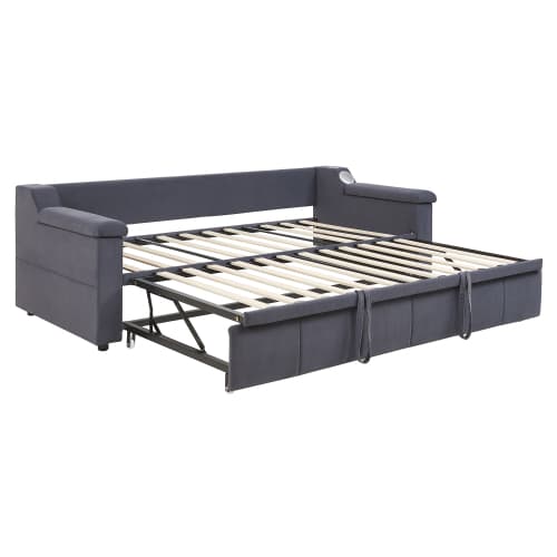 Smart bäddsoffa med klädsel 90/180×190 cm | Grå sammet | Med Bluetooth-ljud & USB Gray