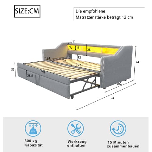 Modern bäddsoffa ljusgrå - 90/180x190 cm med LED, USB & förvaringsutrymme (utdragbar, sängbord inkl.) Light Gray
