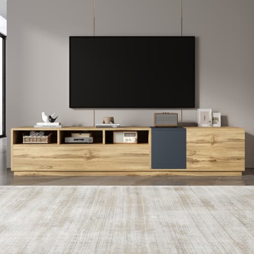 TV-bord 200 cm moderne, kommode med kontrasterende farver, åbne rum & kabelstyring, lowboard Oak