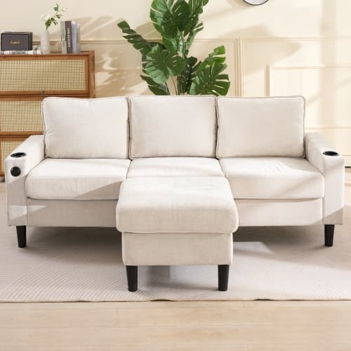 Bäddsoffa med USB-C – 3-sits klädd i linne | Med 2 dryckeshållare för vardagsrum/sovrum | Modern design Beige