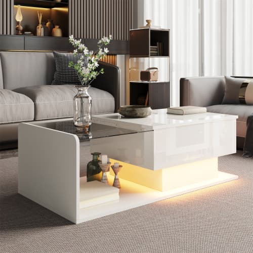 【Højglans hvidt sofabord】Med LED-belysning & glasplade, moderne sidebord med opbevaringsplads White