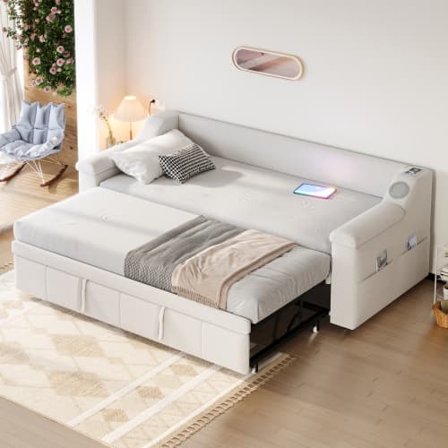 Smart bäddsoffa med klädsel 90/180×190 cm | Beige sammet | Med Bluetooth-ljud & USB Beige