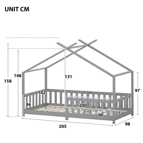 Husformad säng i massivt trä med säkerhetsstaket & ribbotten, grå (200x90cm) – idealisk för barnrum LIGHT GREY