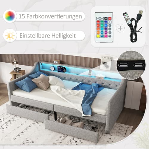 90x200 cm Dagbädd i grått – Modern bäddsoffa med stämningsbelysning & smarta funktioner Grey