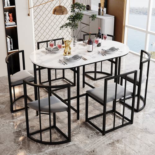 Modern 6 matbordsset i vitt/grått – rektangulärt bord med grå vadderade stolar & svart järnram Black