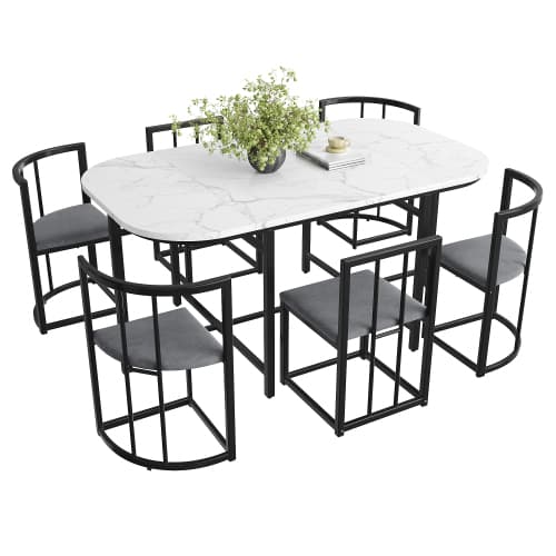 Modern 6 matbordsset i vitt/grått – rektangulärt bord med grå vadderade stolar & svart järnram Black