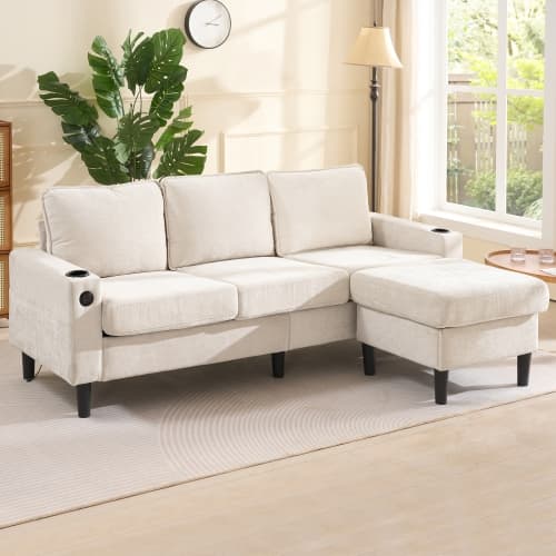 Bäddsoffa med USB-C – 3-sits klädd i linne | Med 2 dryckeshållare för vardagsrum/sovrum | Modern design Beige