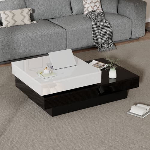 Roterbart soffbord med svart och vit söm, modernt, enkelt soffbord med högblank yta White+Black
