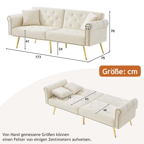 Modern 2-sits bäddsoffa med sammetsöverdrag – 3-vägs justerbart ryggstöd & gyllene metallfötter Beige
