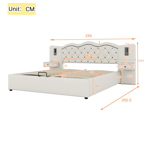 180x200cm Premium säng beige - Med hydraulisk säng & USB - vadderad sänggavel + 2 lampor Beige