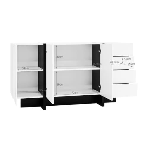 Högblank vit skänk (2 dörrar + 4 lådor) – enkel inredning i modern design – lättskött White+Black
