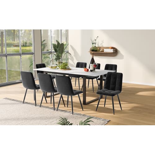 Spisebordssæt med 8 fløjsstole & udtræksbord (140-180x80cm), grå, hvid MDF-plade & sorte ben, moderne White