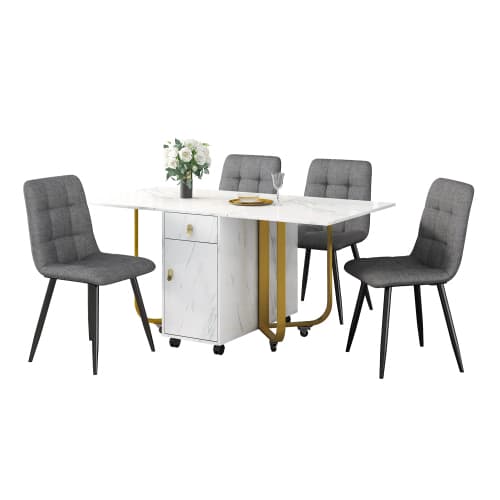 Matsalsgrupp (set, 150×80×76cm matbord med 4 stolar), hopfällbart köksbordset, matrumsstol i linne White