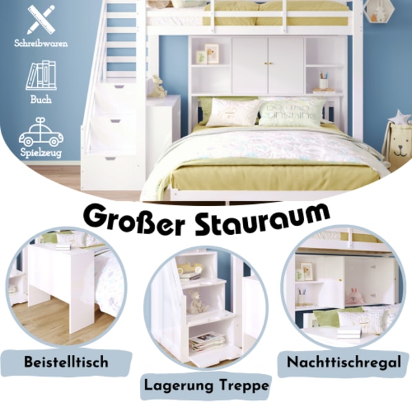 våningssäng med hylla, 90*200cm+140*200cm, multifunktionell säng, dagbädd för barn, med förvaringsstege och flyttbart sidobord White