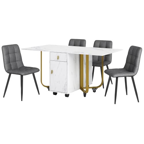 Matsalsgrupp (set, 150×80×76cm matbord med 4 stolar), hopfällbart köksbordset, matrumsstol i linne White