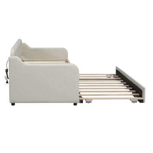 90x200 säng beige - Bäddsoffa med gästsängsfunktion (utdragbar) & USB-port - Multifunktionell design - sängram ingår Beige