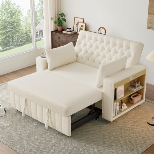 Multifunktionell beige bäddsoffa med förvaringsutrymme - Inkl. USB-laddning, mugghållare & kuddar Beige