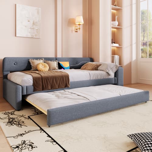 Grå linnesäng 90x200 cm med utdragbar säng & USB | Modern multifunktionell lösning Gray