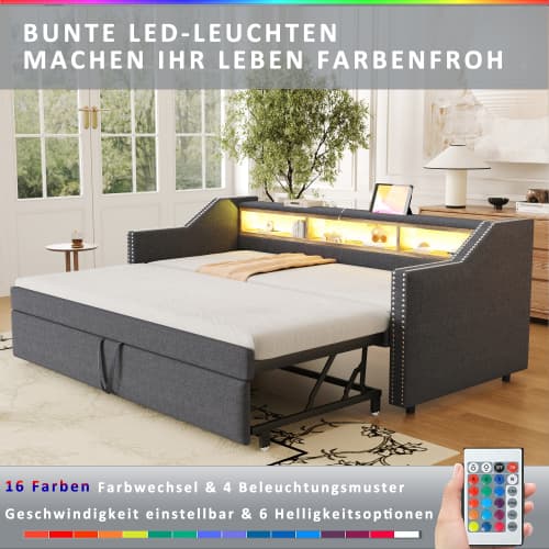 Soffa med bäddfunktion 90/180x190 cm mörkgrå - utdragbar säng med LED, USB & förvaringsfack (multifunktionell soffa, inkl. ribbotten) DARK GREY