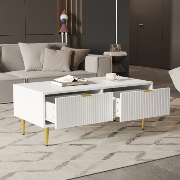 Modernt vitt soffbord med gyllene detaljer, 2 lådor, vertikal randdesign, 100*50*40cm, vardagsrums soffbord, kort skåp för soffa White