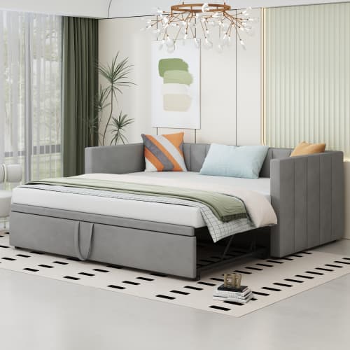 Utdragbar bäddsoffa 90/180×200 cm | sammetsgrå | Med sänglåda | multifunktionell säng Gray