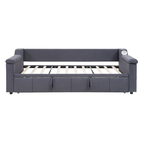 Smart bäddsoffa med klädsel 90/180×190 cm | Grå sammet | Med Bluetooth-ljud & USB Gray