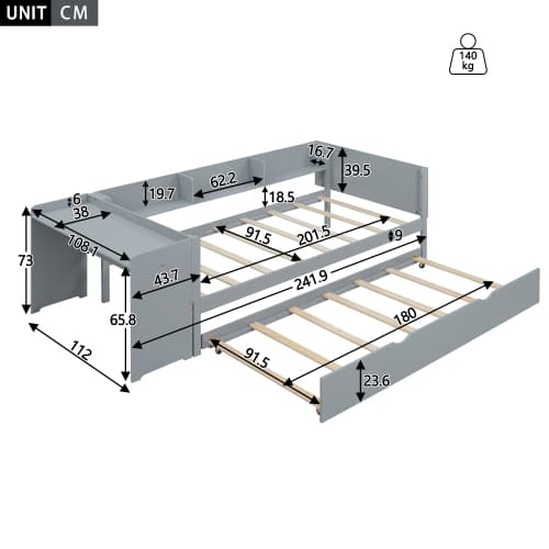 Grå säng 90x200 cm med utdragbar säng & skrivbord | Modern rumslösning Gray