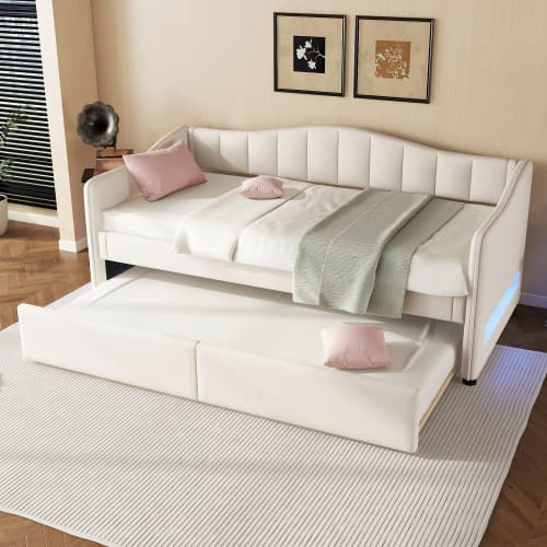 90x200 cm säng med utdragbar säng & stämningsbelysning – Lean bäddsoffa med minimalistisk design Beige