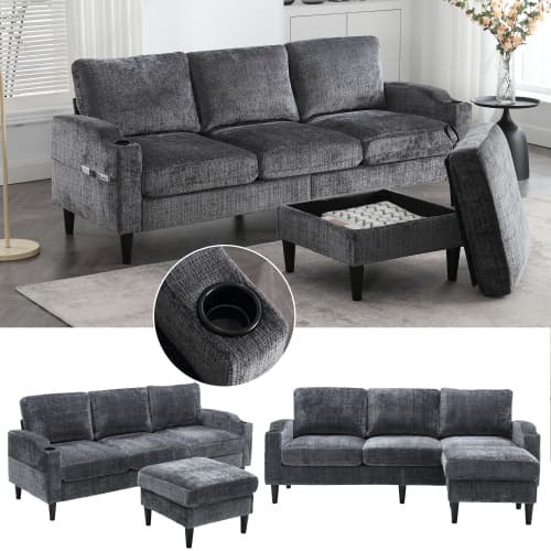 Premium 4-sits soffgrupp med pall | Samoptik & Multifunktion | Elegant vardagsrumslösning med förvaringsutrymme Gray