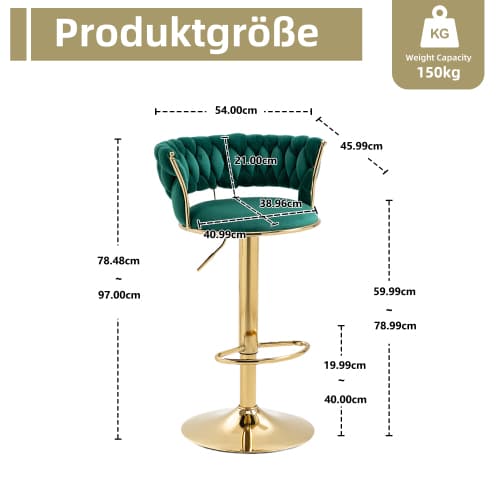 2-delad barstol i sammet, 360° vridbar - justerbar höjd, klädd, för köksö och bar Emerald