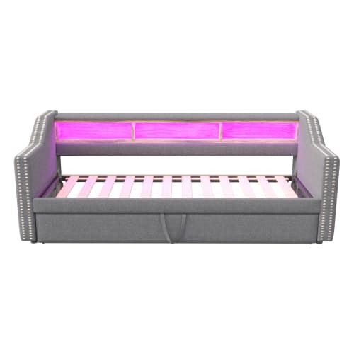 Modern bäddsoffa ljusgrå - 90/180x190 cm med LED, USB & förvaringsutrymme (utdragbar, sängbord inkl.) Light Gray