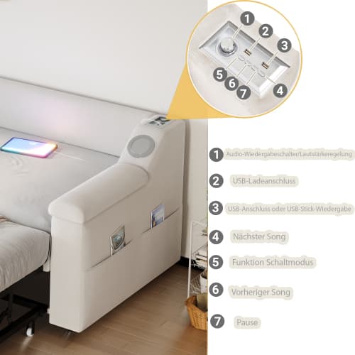 Smart bäddsoffa med klädsel 90/180×190 cm | Beige sammet | Med Bluetooth-ljud & USB Beige
