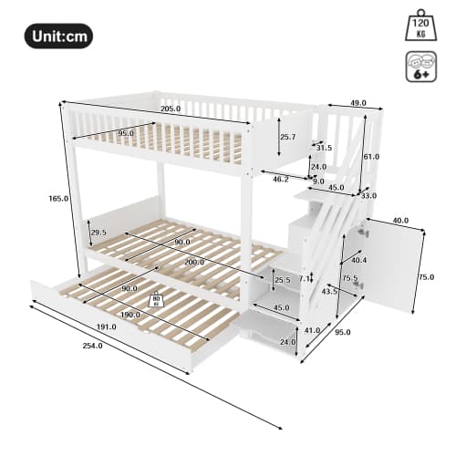 Våningssäng för barn med utdragssäng, \"Vit högsäng med garderob\", \"multifunktionell säng 90x200 White