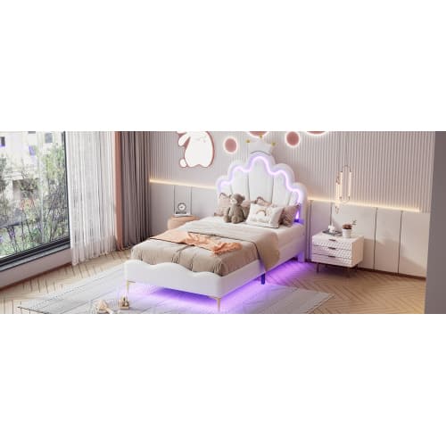 Vit prinsessäng 90x200 cm | Med LED-belysning & PU-läderklädsel White