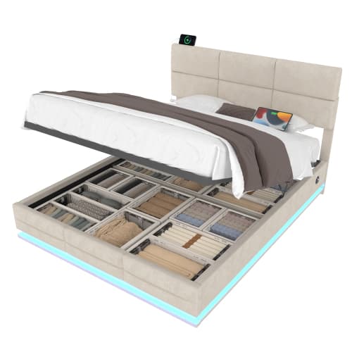 Moderne polstret seng 140x200cm med LED, USB/Type-C & hydraulisk løftesystem | Højdejusterbart hovedgærde Beige