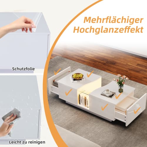 Modernt LED sidobord Högglans vit – 100cm soffbord med 2 lådor & akrylplatta | För vardagsrum och sovrum White