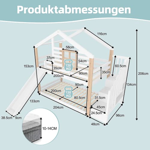 Skandinavisk køjeseng med rutsjebane, massiv trækonstruktion med gelænder og opbevaringsplads, sikker og pladsbesparende White
